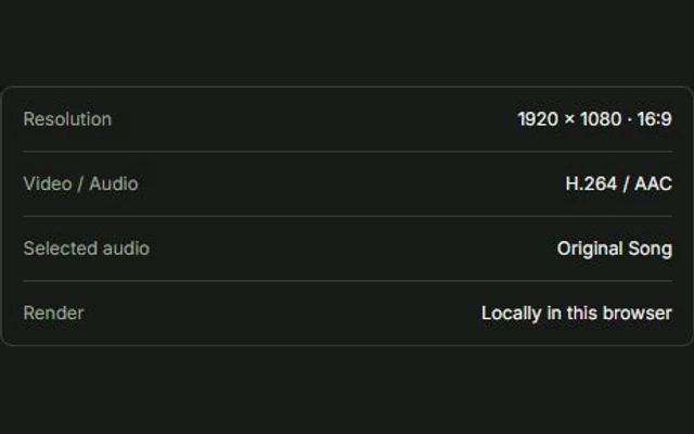 Actual export settings showing 1920 by 1080 resolution, H.264 and AAC, selected audio and local rendering