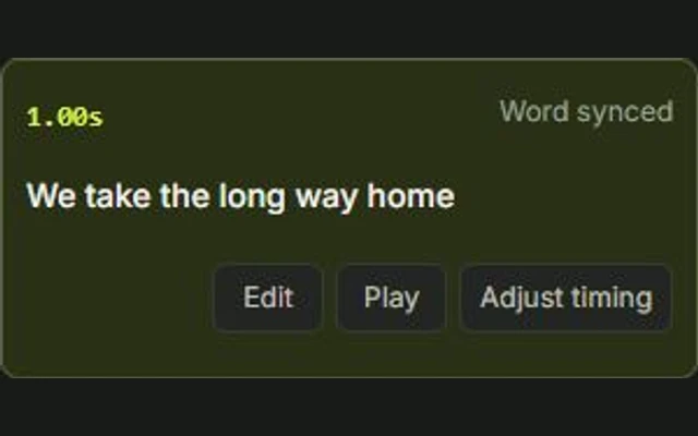 Actual lyric editor showing a timed demo line, word timing status and editing controls