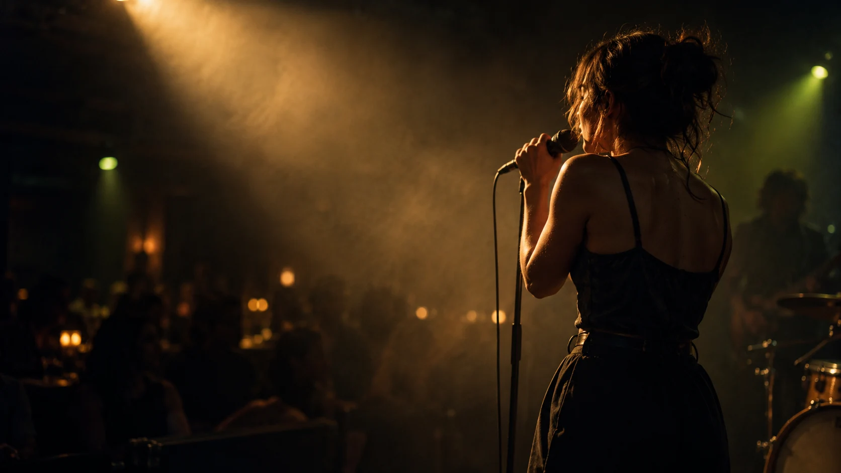 AI-created stage scene with a singer in warm amber and lime concert lighting