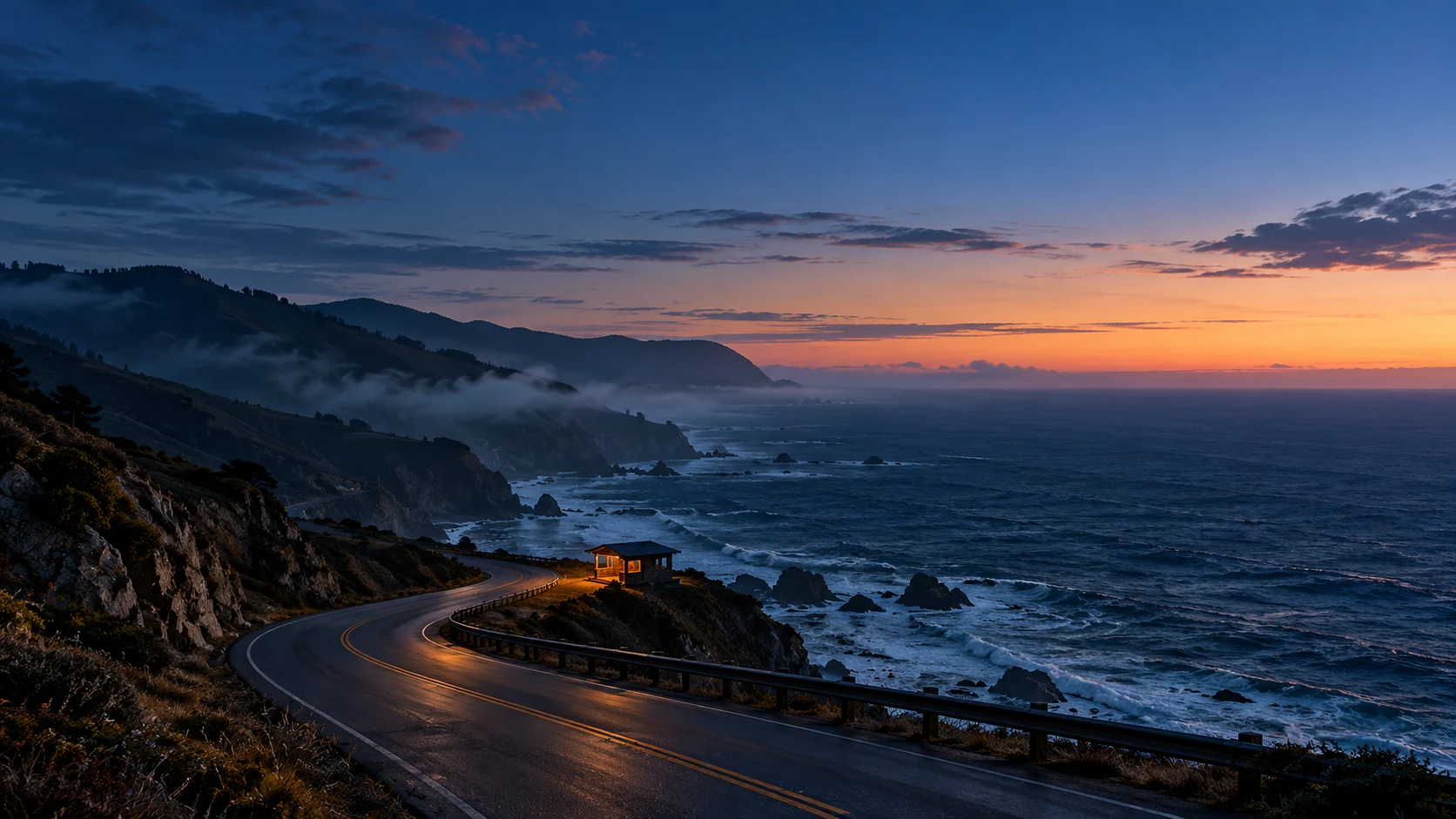 AI-created cinematic coastal road at blue hour, with a warm horizon and ocean mist