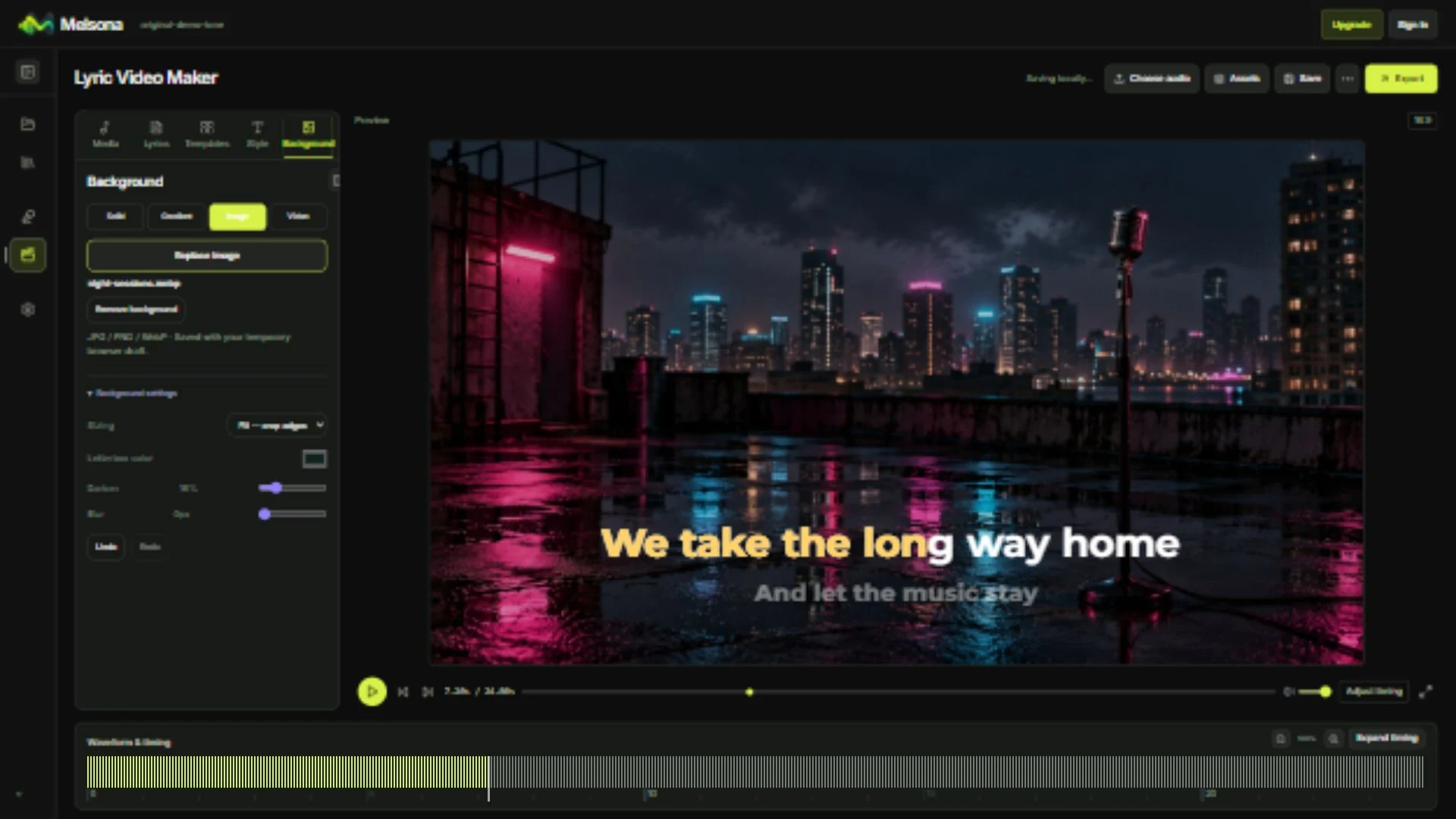 Real Melsona Karaoke Studio demonstration with timed lyrics, video preview and audio waveform