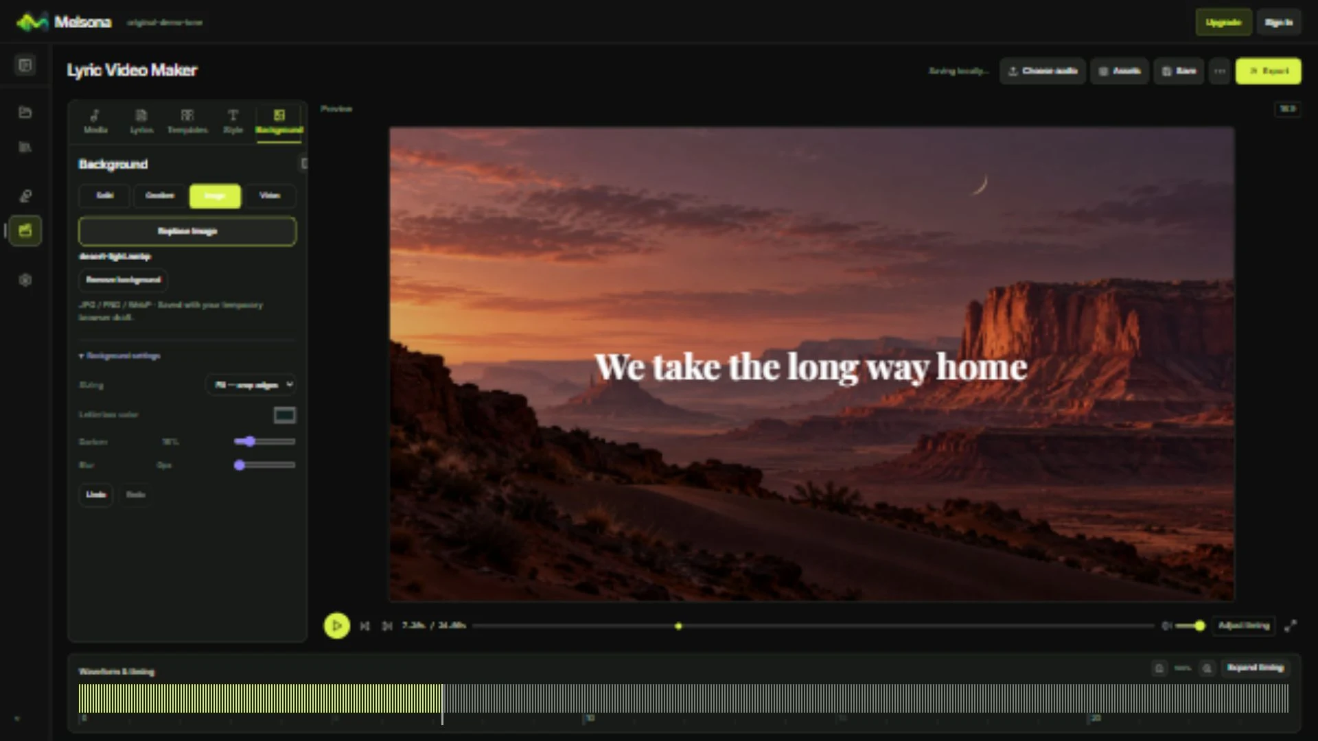 Real Melsona Lyric Video Studio demonstration with timed lyrics, video preview and audio waveform