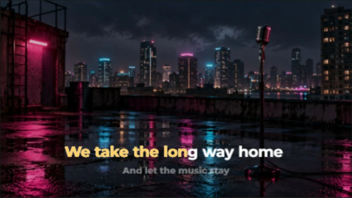 Actual Classic Karaoke render with gold word highlighting and two lyric lines over a neon music background