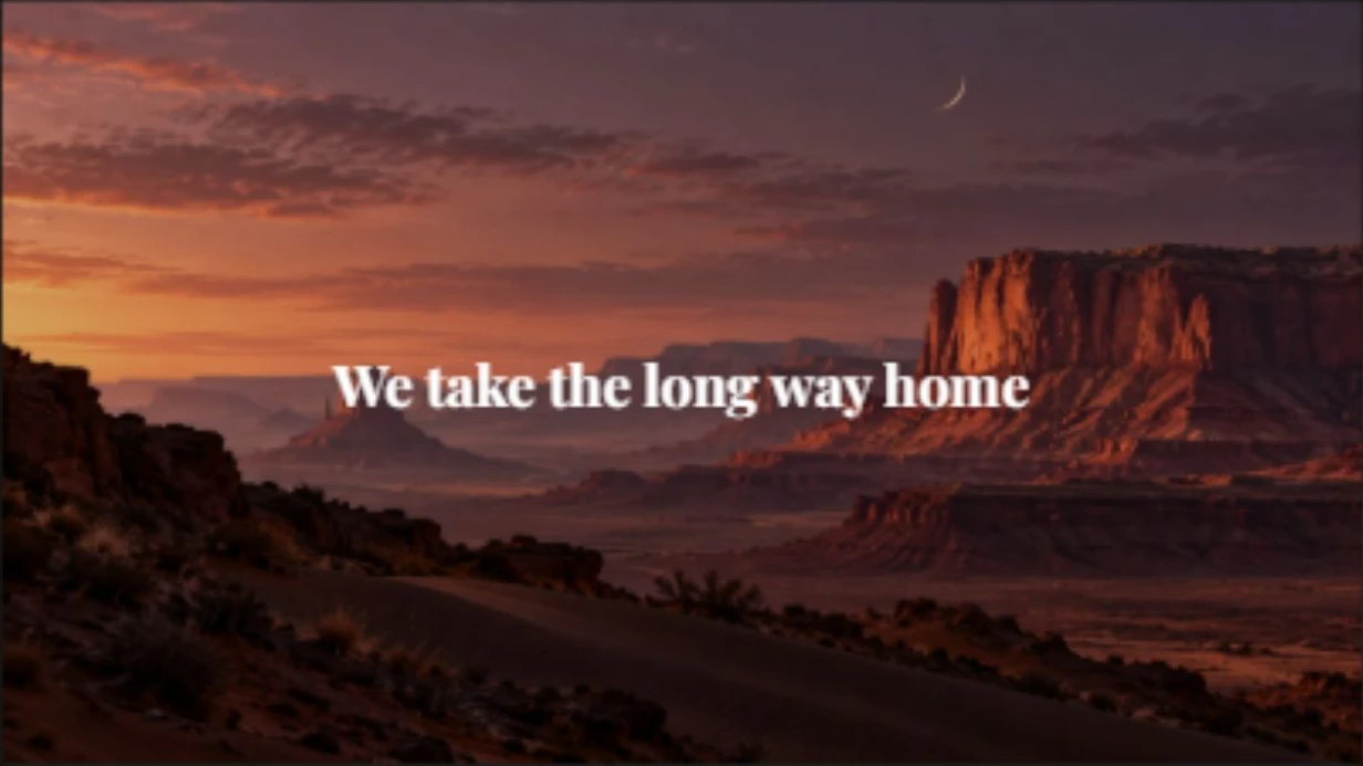 Actual Minimal Lyric render with centered Playfair Display lyrics over a warm dusk landscape