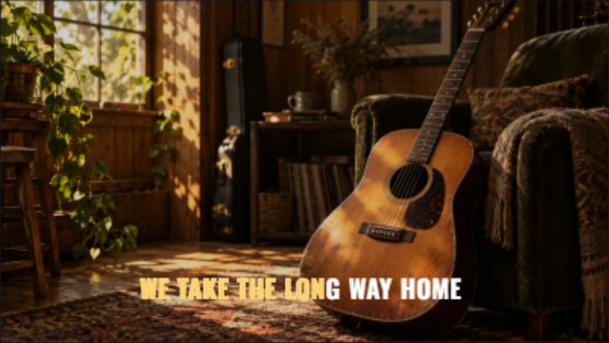 Actual Modern Karaoke render with bold uppercase lyrics and gold word highlighting over an acoustic music background