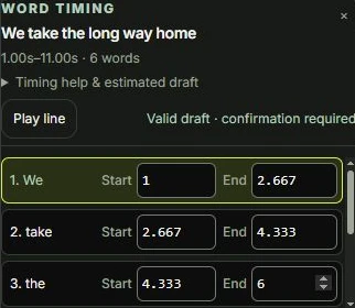 Actual word timing editor with individual Start and End fields for demo lyrics